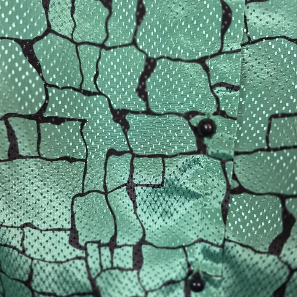 Vtg 80s Green Black Chiffon Top Willow Ridge Button Front High Neck Textured Dot - Picture 5 of 9